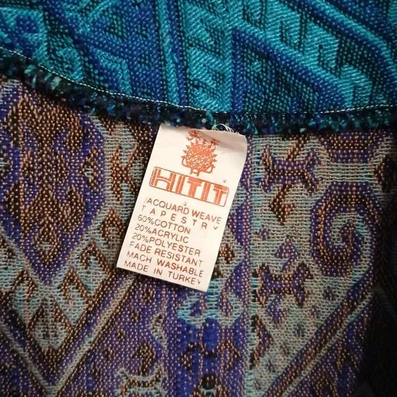 Vintage Teal Jaccard Weave Boho Hippie Tapestry Jacket Made in Turkey